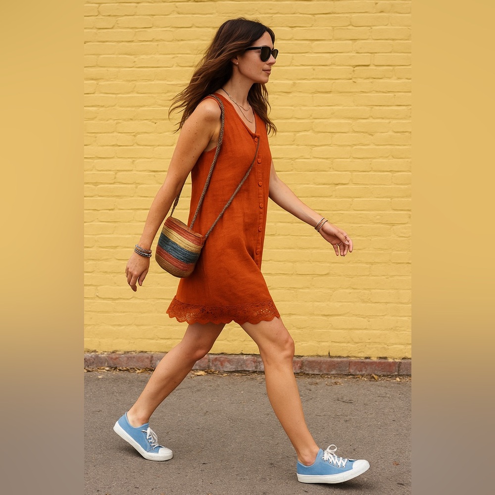 Rust Orange Sleeveless Linen Button-Down Dress